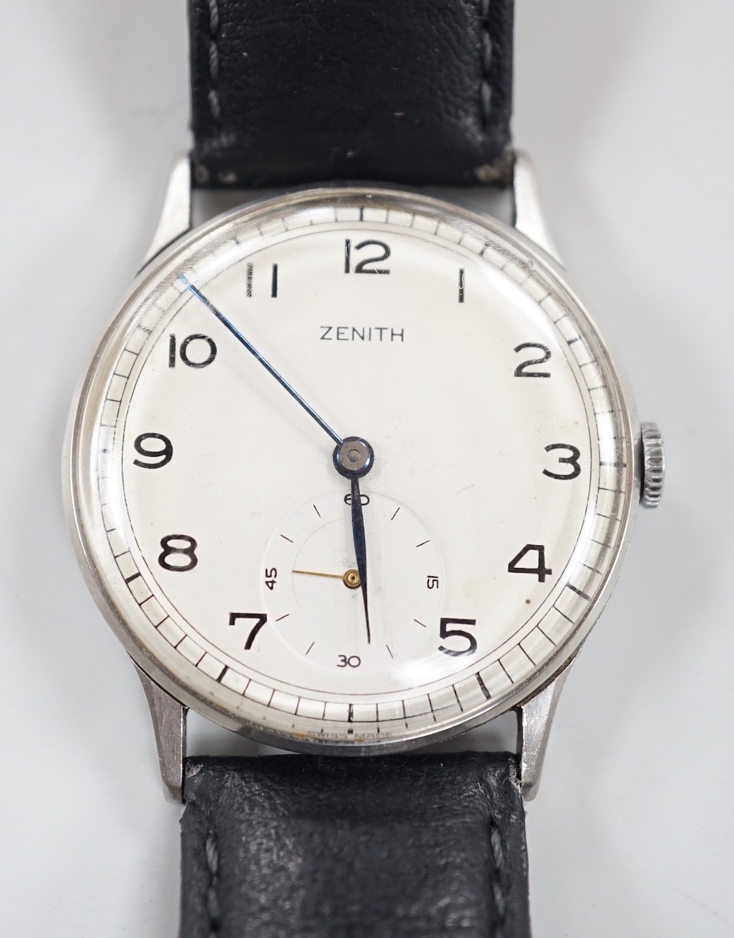 A gentleman's stainless steel Zenith manual wind wrist watch, the movement signed Mappin, on later associated leather strap, case diameter 36mm.